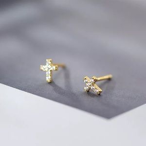 New 18K Gold Vermeil Sterling Silver 925 Crystal Cross Earrings set